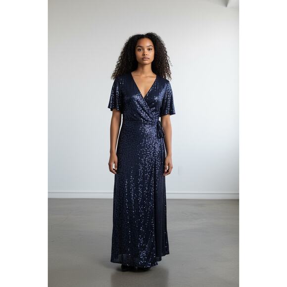 DMFashion Navy Sequin Wrap Maxi Dress Size Small Flutter Sleeve Formal Evening - Picture 1 of 16